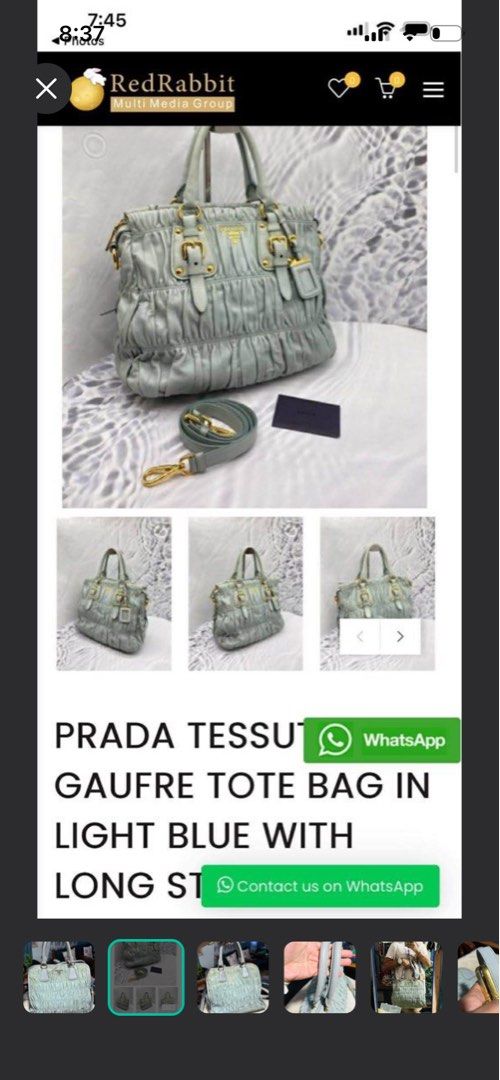 Prada Tessuto Gaufre Tote Bag Light Green (Category: Ear Care) located in Mandaue City. Submitted by chuchi152615 (Listing ID 1432307942, Image 2). Description: - Prada Tessuto Gaufre tote bag - Light blue color - Ruched design - Top handles and detachable shoulder strap - Prada logo lining and zipper closure - Gold-tone hardware - Prada logo on front - Made in Italy.