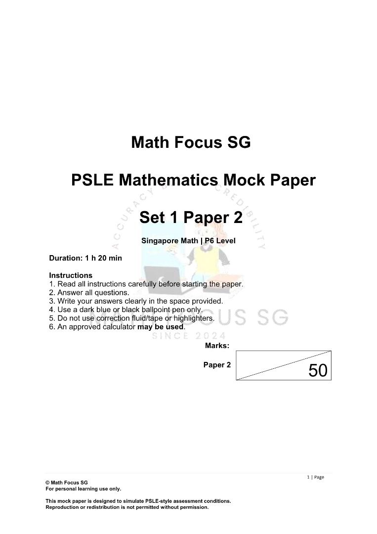PSLE Maths Mock Paper Set 1 (2026) | Full Paper 1 & 2 + Solutions | PDF ...