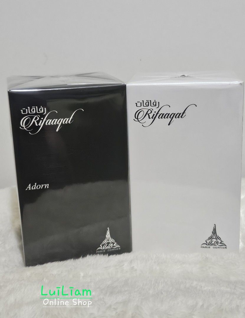 Rifaaqat Adorn Paris Corner Eau De Parfum (Category: Fragrance & Deodorants) located in Marikina City. Submitted by luiliam (Listing ID 1432270928, Image 1). Description: Paris Corner Rifaaqat Perfumes Authentic/Original 85ml For Men & Women Bought in UAE Php 1,200/each *Rifaaqat Dupe of YSL Babycat *Rufaaqat Adorn Dupe of YSL Tuxedo .
