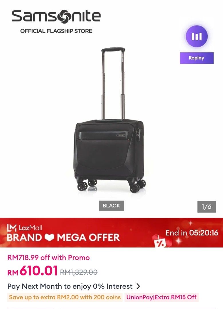 Samsonite Black Rolling Suitcase (Category: Luggages) located in Kuala Lumpur. Submitted by hodorable (Listing ID 1432299893, Image 1). Description: - Black Samsonite rolling suitcase - Carry-on size - Retractable handle - Four wheels for easy maneuverability - Front pocket for easy access - Original price: RM1,329.00 - Sale price: RM610.01.