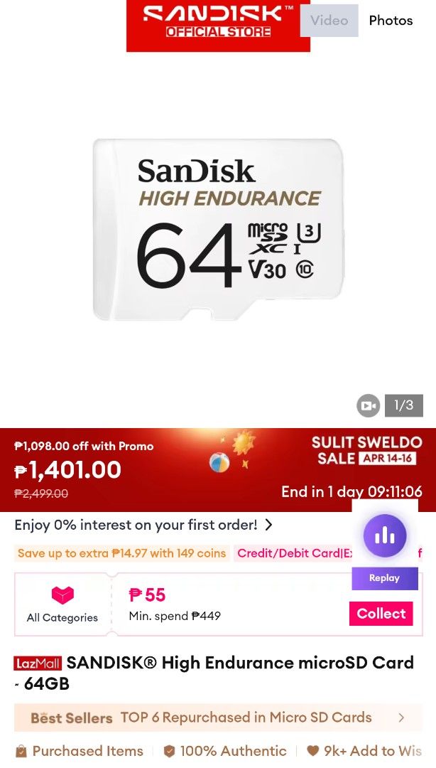 SANDISK® High Endurance microSD Card ~ 64GB (Category: Memory & SD Cards) located in Cainta. Submitted by siena310 (Listing ID 1432256927, Image 3). Description: ***ITEM IS AVAILABLE IF YOU CAN SEE THIS MESSAGE. Questions will be ignored if answers can be found below. LAST PRICE POSTED. Hagglers will be blocked. Bought from Sandisk official store in L/azada. I have 2 of these, selling for 1.2k each or 2k for both. RFS: extras for our tapo cctvs S