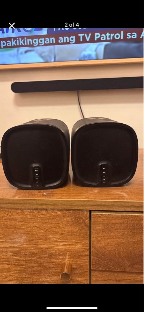Sonos One SL Wireless Speaker (Category: Soundbars, Speakers & Amplifiers) located in Manila. Submitted by razalic (Listing ID 1432331660, Image 2). Description: - Pair of Sonos One SL wireless speakers - Sleek, compact design - Color: Black - Condition: Good - Perfect for home audio - Shown on a wooden cabinet.