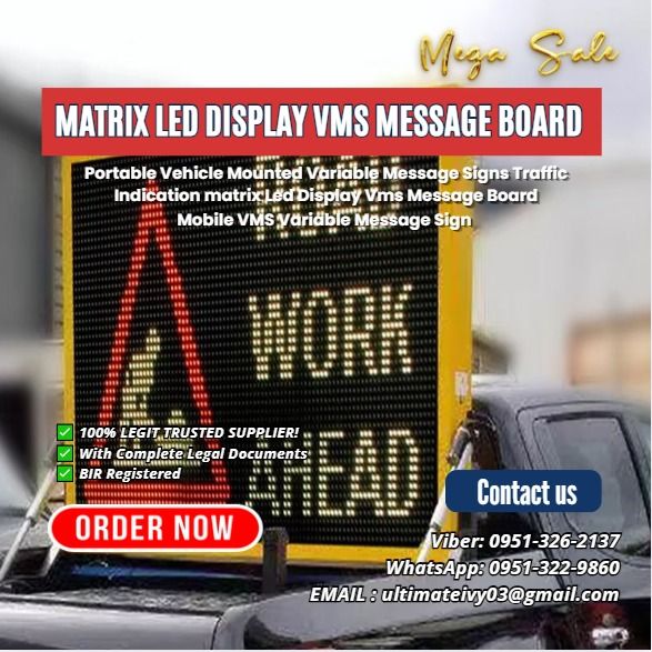 Variable Message Signs Traffic Indication matrix Led Display Vms Message Board Mobile VMS Variable Message Sign (Category: Home Improvement Tools & Accessories) located in Caloocan City. Submitted by gywnnesher68219 (Listing ID 1432259761, Image 1). Description: Portable Vehicle Mounted Variable Message Signs Traffic Indication matrix Led Display Vms Message Board Mobile VMS Variable Message Sign PHP 302,400 RGB 64x80 variable traffic sign, mount