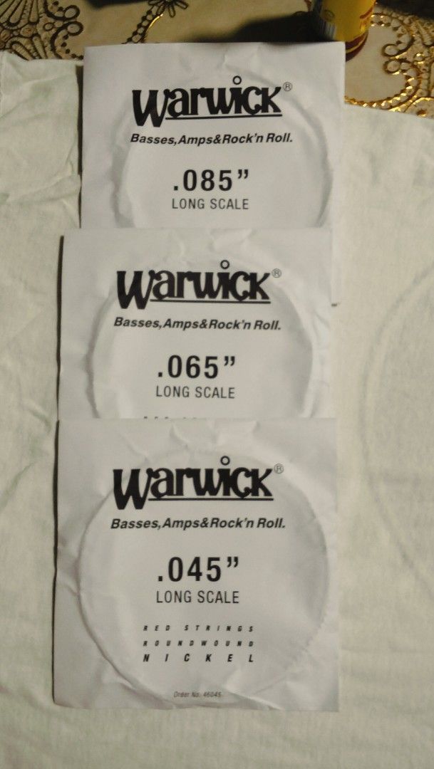 Warwick Bass Guitar Strings - .085, .065, .045 (Category: Musical Instruments) located in Caloocan City. Submitted by chrysan_025 (Listing ID 1432300555, Image 1). Description: - Warwick bass guitar strings - Long scale - Gauges:.085",.065",.045" - Nickel strings - Ideal for bass guitars, amps, and rock music.