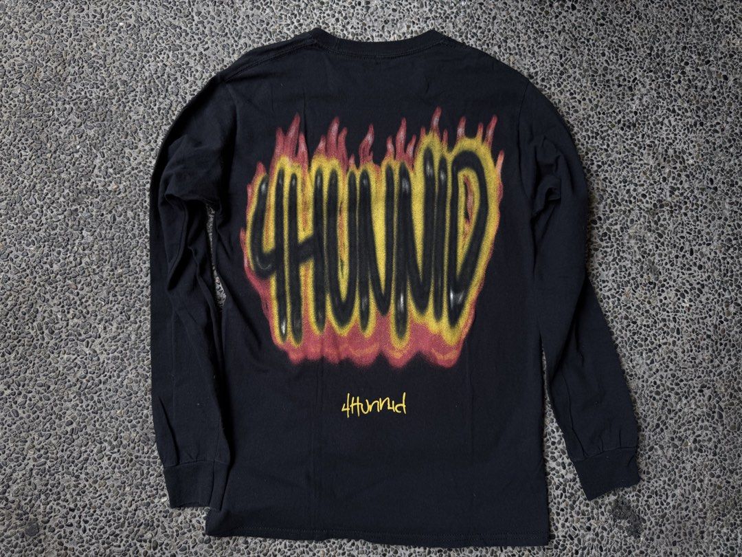 4Hunnid Long Sleeve Shirt - Small (Category: Tshirts & Polo Shirts ) located in Dinalupihan. Submitted by thrift.trips (Listing ID 1432565077, Image 3). Description: - 4Hunnid black long sleeve shirt - Size: Small - Made in Nicaragua - Design: Small 4Hunnid logo on front, large flame design on back - Material: 100% cotton - Neckline: Crew neck - Sleeves: Long sleeves - Length 27 - Width 18.