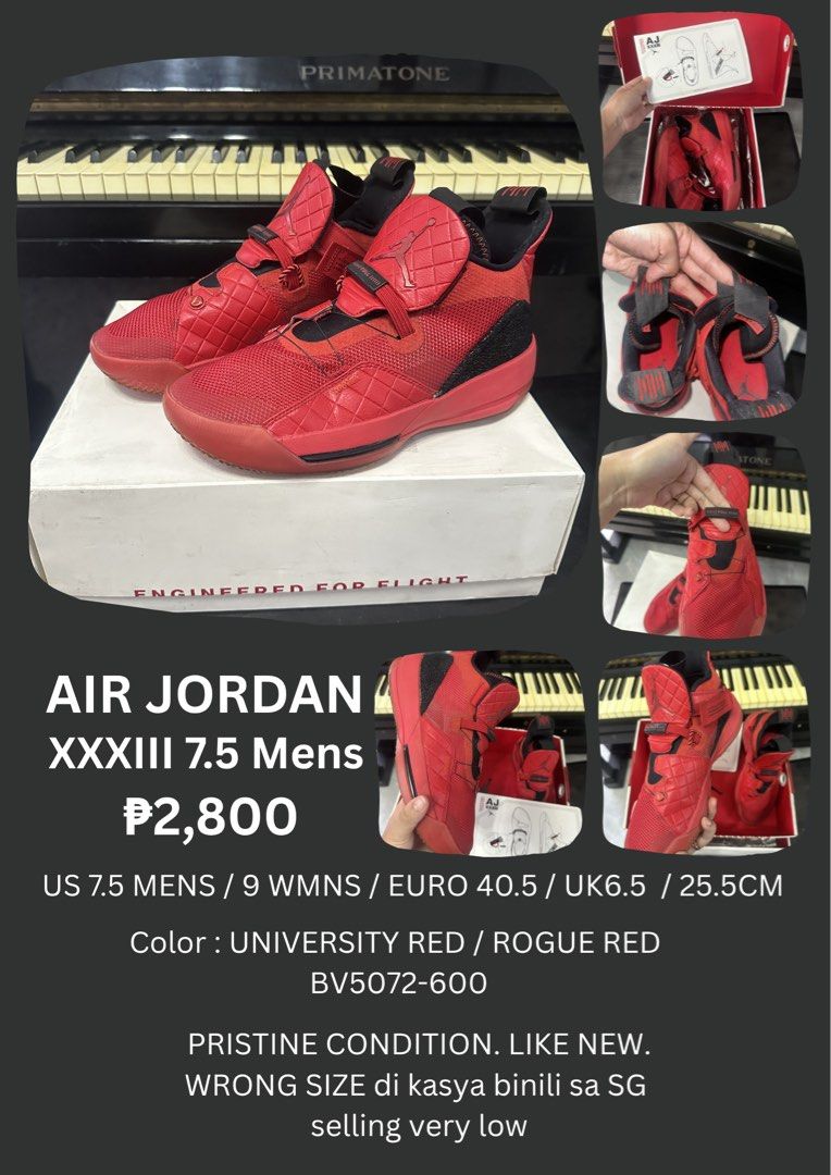 Air Jordan 33 7.5MENS (Category: Sneakers) located in Valenzuela. Submitted by kingcouture (Listing ID 1432543284, Image 1). Description: Wrong size. Maliit kay hubby. Sa SG binili. Authentic complete packaging pa. .