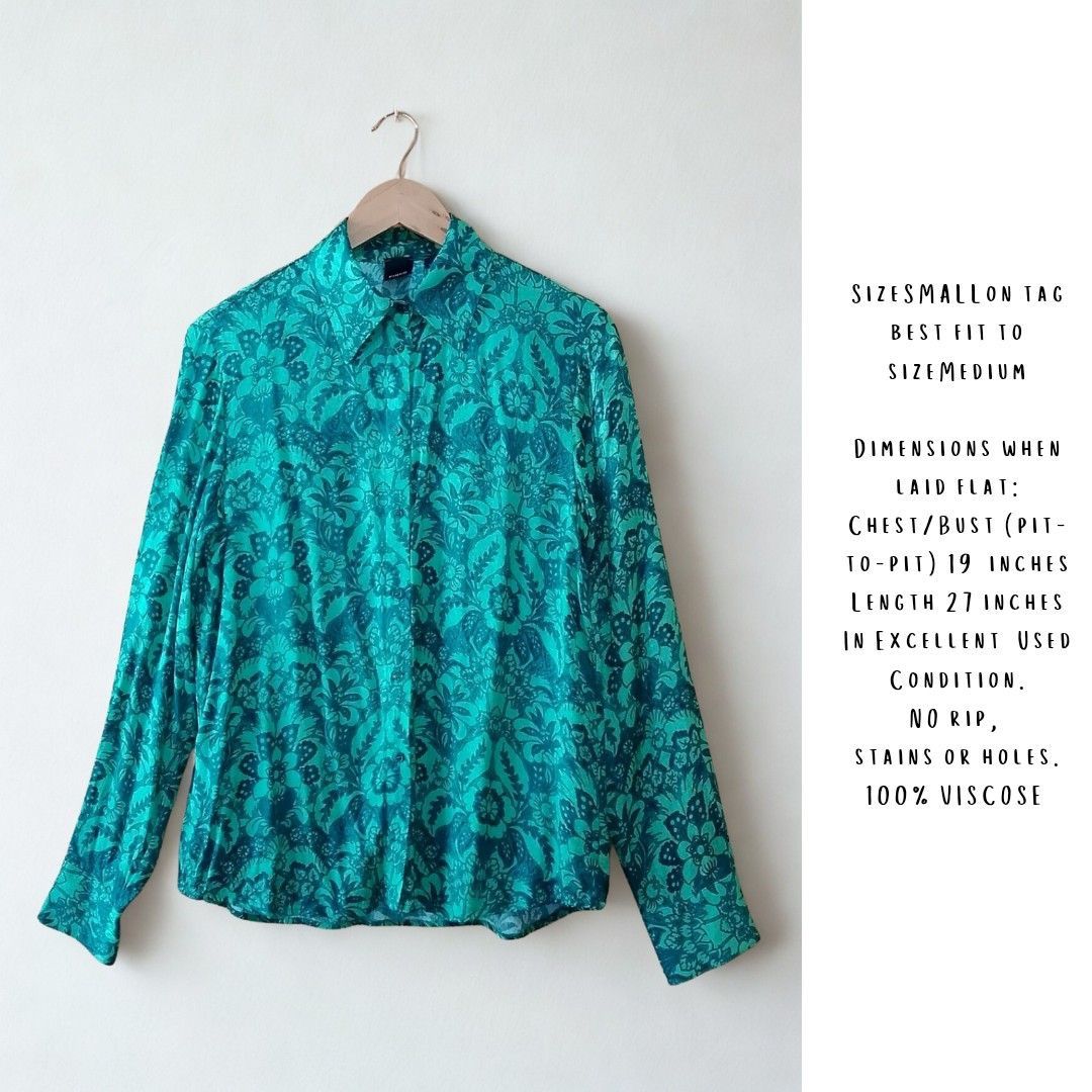 AUTHENTIC Pinko Women's Office Top (Category: Blouses) located in Iloilo. Submitted by achinom (Listing ID 1432528979, Image 2). Description: AUTHENTIC Pinko Women's Office Top Size SMALL on tag best fit to size MEDIUM Dimensions when laid flat: Chest/Bust (pit-to-pit) 19 inches Length 27 inches NO rip, stains, or holes. Twill, floral-print, brand logo, classic collar, long sleeves, buttoned cuffs, button fastenings. Color GREEN Color rate 10/10 