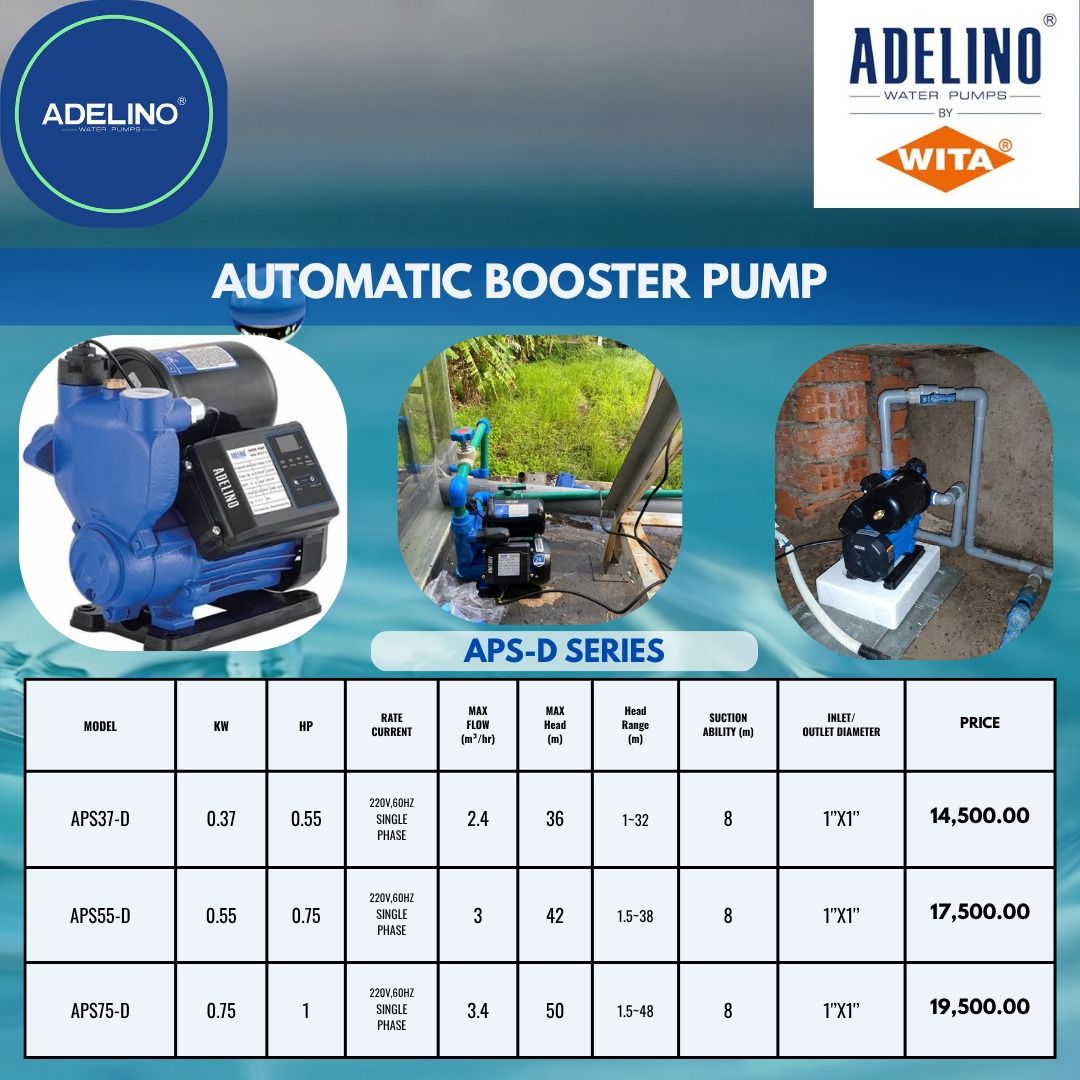 AUTOMATIC BOOSTER PUMP (Category: Construction Tools & Equipment) located in Quezon City. Submitted by dito-mura2025 (Listing ID 1432423706, Image 1). Description: - Adelino Automatic Booster Pumps - Available Models: APS-D Series, AWE8-3 Series, CA1000, CA600, PZ370 - Designed to boost water pressure - Suitable for homes and businesses - Durable construction - Easy installation.