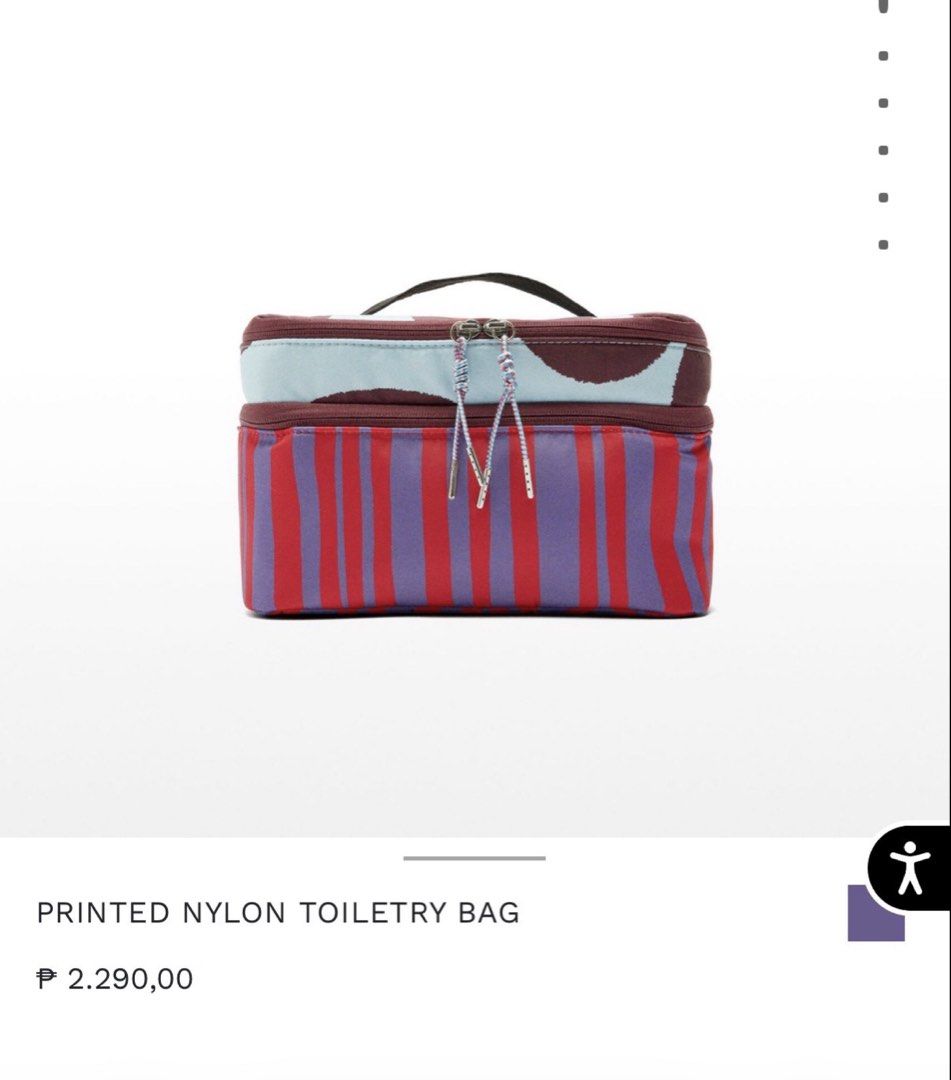 BNEW SEALED Parfois Printed Nylon Toiletry Bag (Category: Purses & Pouches) located in Manila. Submitted by gogglesss (Listing ID 1432493103, Image 1). Description: - SRP P2295 - sealed - brand new with tag Rectangular printed nylon toiletry bag. Two compartments with zip fastening and inner lining. Inner elastic and button pockets. Inner mirror. Fixed hand strap. Band to attach to trolley..