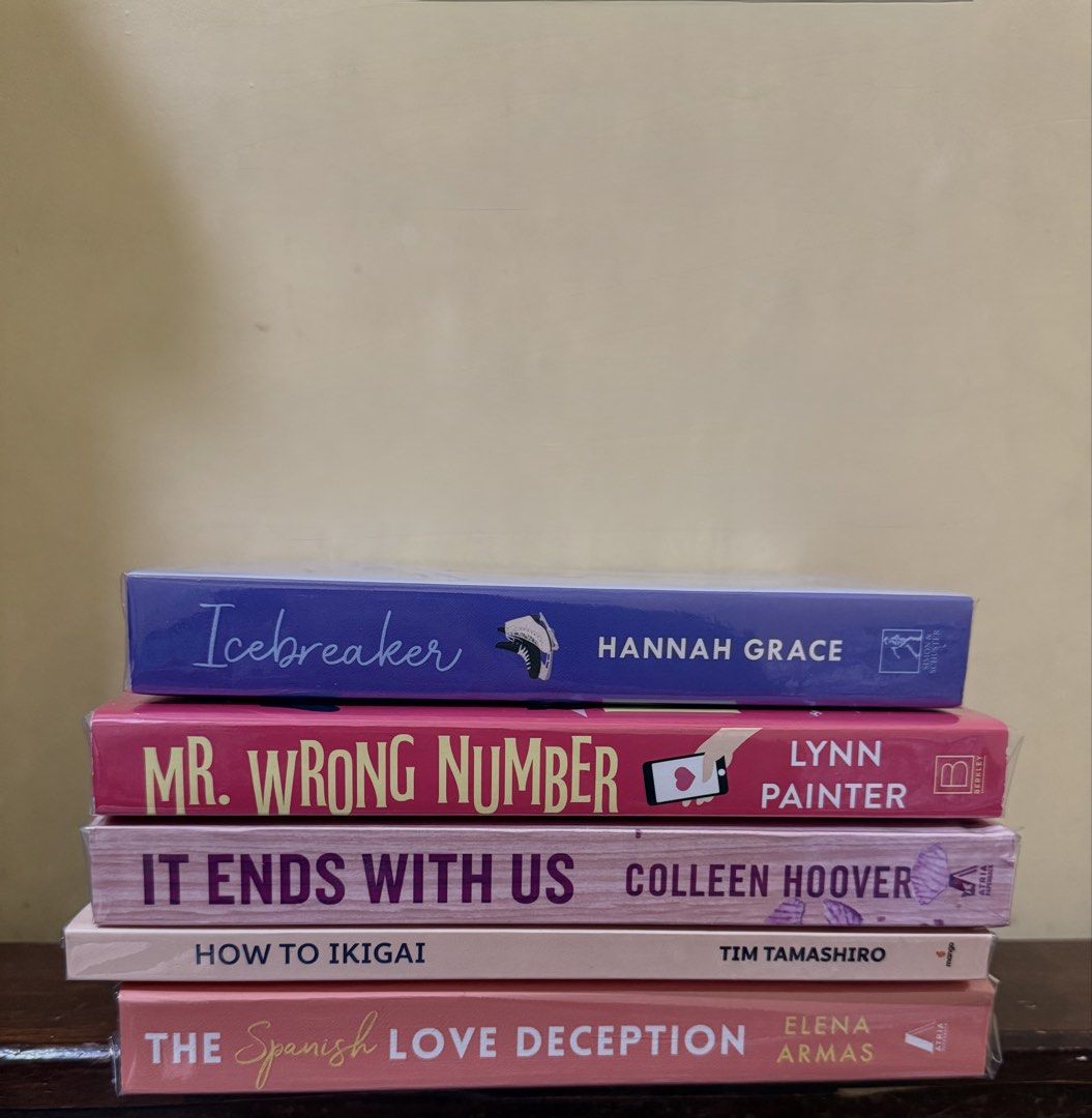 Book Bundle: Icebreaker, Mr. Wrong Number, and More (Category: Storybooks) located in Manila. Submitted by prelovedbyana20 (Listing ID 1432475517, Image 1). Description: - Book bundle includes: "Icebreaker," "Mr. Wrong Number," "It Ends With Us," "How to Ikigai," and "The Spanish Love Deception". - Ideal for gifting or personal reading. - A great selection of books for any reader..