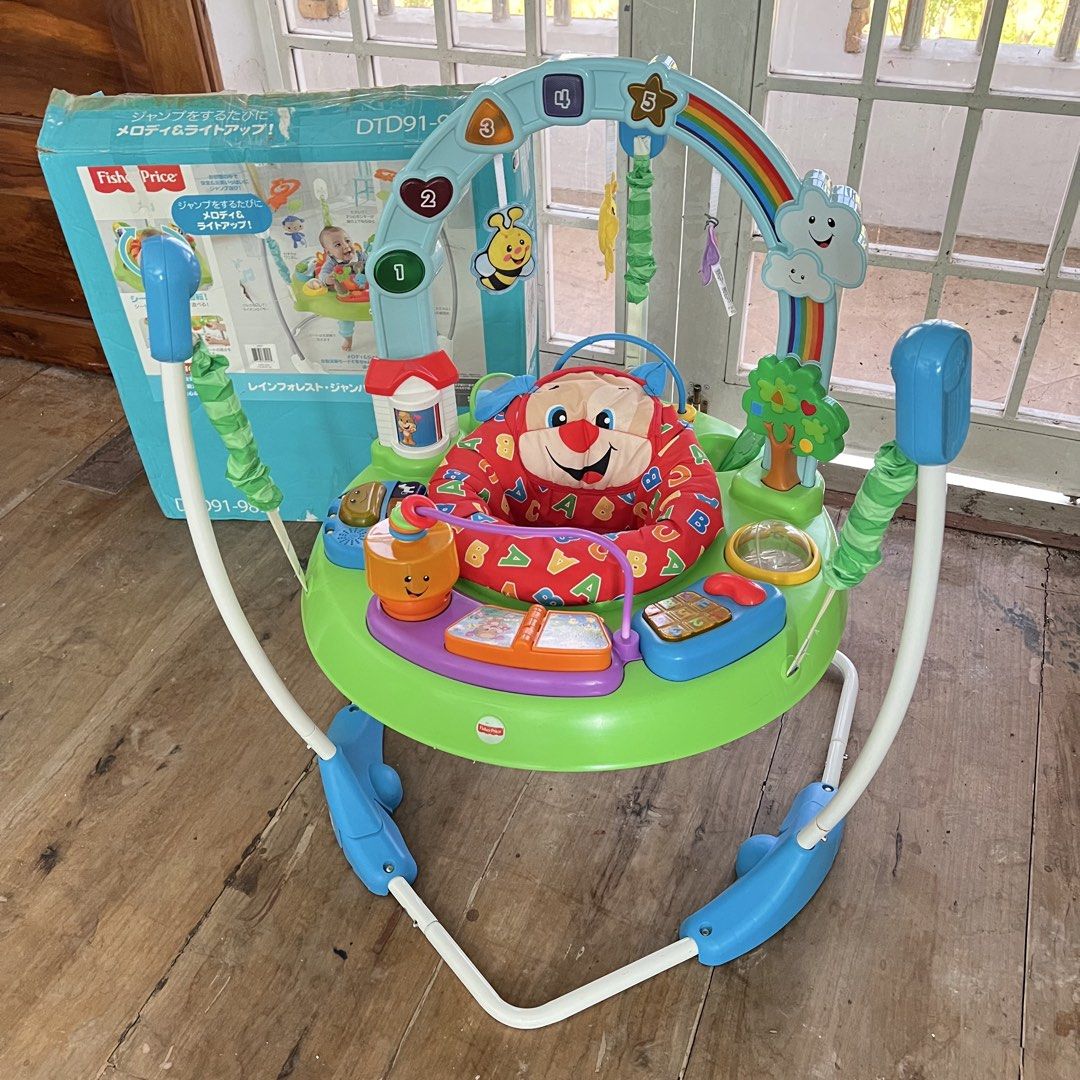 Fisher-Price Jumperoo Laugh and Learn (Category: Infant Playtime) located in Pasay City. Submitted by littlebebekidsstuff (Listing ID 1432507902, Image 1). Description: - Fisher-Price Jumperoo with a fun, colorful design. - Rotating seat for 360-degree play. - Features lights, sounds, and engaging activities. - Includes a dog-themed seat and rainbow arch with hanging toys. - Comes with a variety of buttons and interactive elements. - Includes box