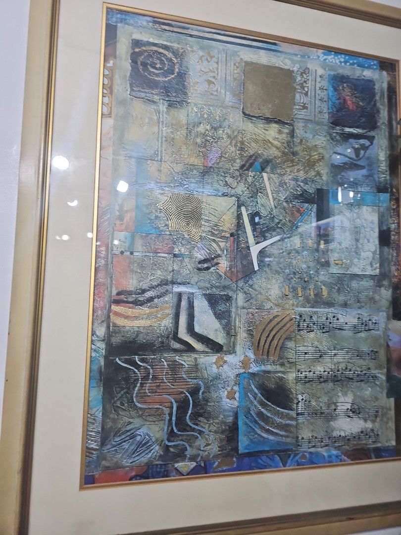 Framed Abstract Art (Category: Art & Prints) located in Manila. Submitted by shoppy15 (Listing ID 1432582914, Image 3). Description: - Abstract art piece - Gold-colored frame - Mixed media: paint and other materials - Color palette: blue, gold, brown - Modern and artistic aesthetic.