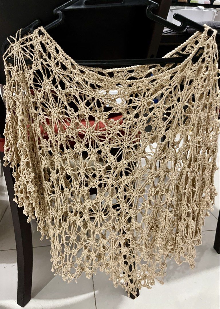 Handmade Crochet Cover Top (Category: Scarves) located in Pasig City. Submitted by samotsari (Listing ID 1432535952, Image 2). Description: - Handmade crochet shawl - Neutral beige color - Open, lacy design - Features floral patterns - Scalloped edge - Lightweight - Perfect for layering - Unique, handcrafted piece - Never Use .