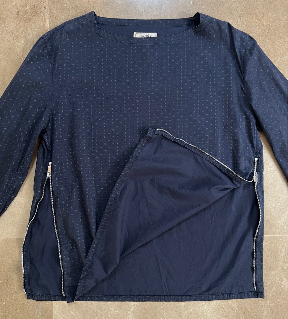 Hermes Spring 2014 top (Category: Luxury Apparel) located in Quezon City. Submitted by raccoonfur (Listing ID 1432547102, Image 2). Description: Hermes by Veronique Nichanian Spring 2014 boat neck parisien traditionnel shirt. Zipper opening on both side seams. Missing zipper pull on cuff openings. Flat measurements: Armpit to armpit 55.5cm/21.75in Shoulders 49 cm/19.25in Length 68cm/26.75in Sleeve inseam 45.5cm/17.75in .