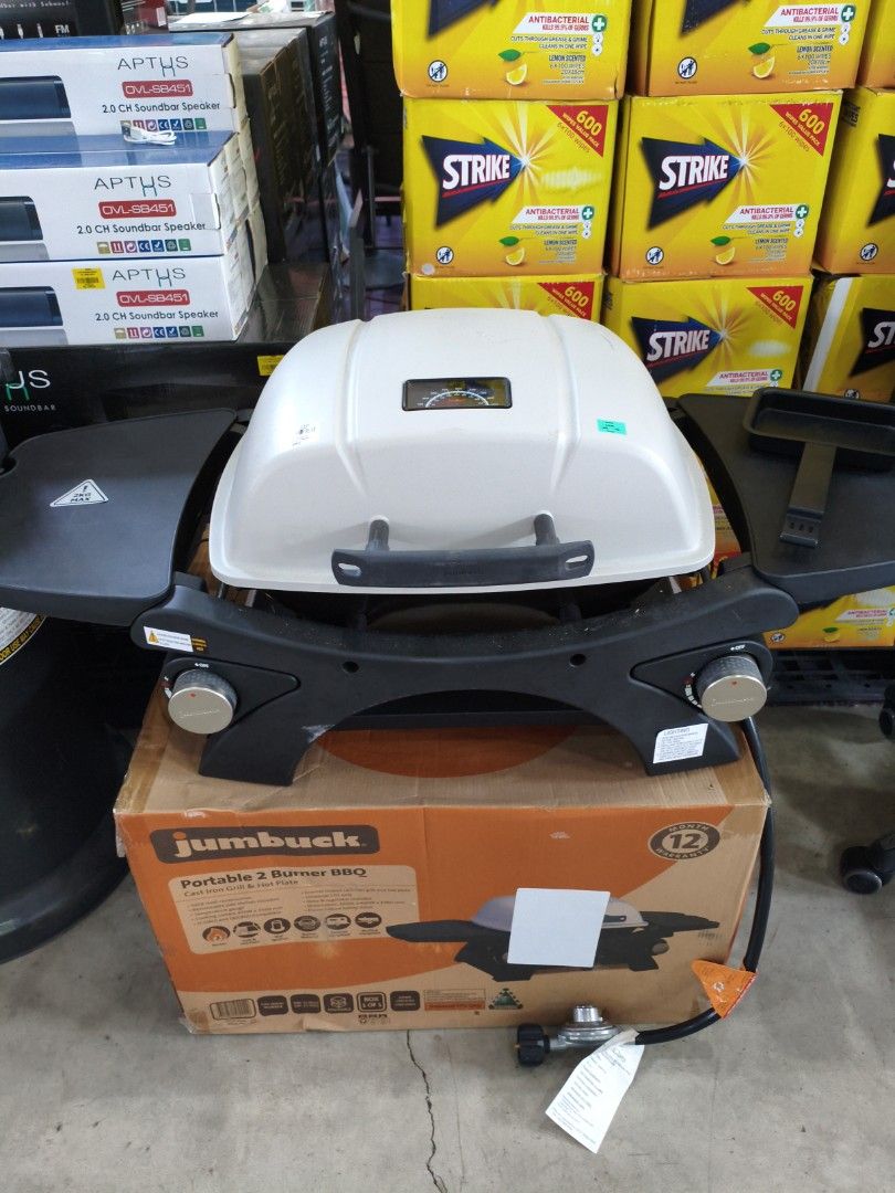 Jumbuck Portable 2 Burner BBQ Grill (Category: BBQ, Grills & Hotpots) located in Manila. Submitted by hmrgrace5. (Listing ID 1432402862, Image 1). Description: - Jumbuck Portable 2 Burner BBQ Grill - Dual burner design - Grill and griddle surfaces - Built-in thermometer - Convenient side tables - Includes gas hose and regulator - Brand new in original box.