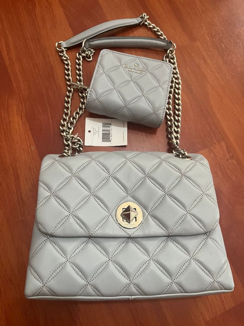 Kate Spade Quilted Shoulder Bag and Wallet Set (Category: Luxury Bags & Wallets) located in San Fernando. Submitted by kayr_ (Listing ID 1432432186, Image 1). Description: Brand new with tags Greyish Blue color Kate Spade Natalia small flap bag Quilted pattern design Comes with wallet - Quilted shoulder bag with chain strap - Turn-lock closure - Matching wallet with cardholder window - Wallet with zip closure - Both items in light grey color - Ba