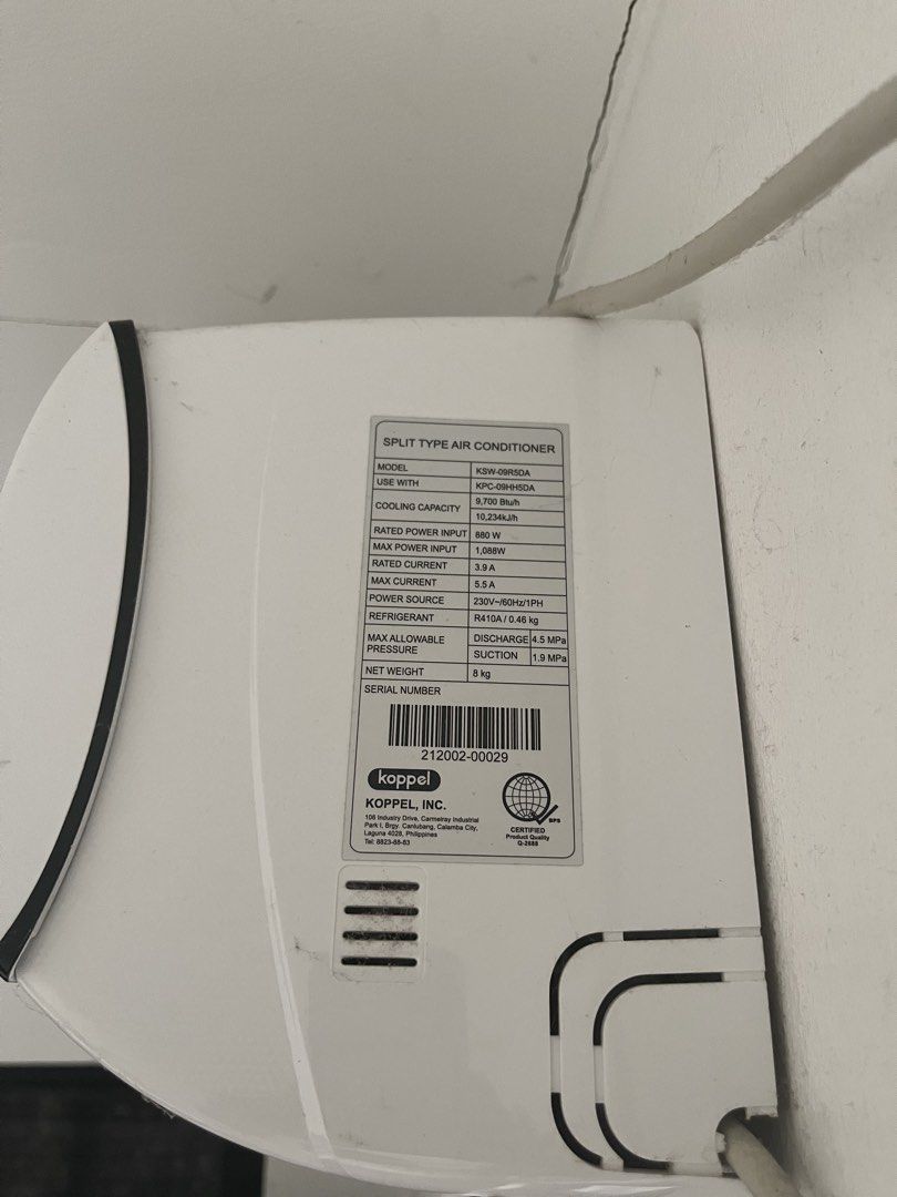 Koppel Split Type Air Conditioner KPC-09HHDA (Category: Air Conditioning and Heating) located in Manila. Submitted by jmsmacario41255 (Listing ID 1432556662, Image 2). Description: - Koppel split-type air conditioner - Model: KPC-09HHDA - Cooling Capacity: 9,700 BTU/h - Power Input: 880W - Current: 4.0A (Rated), 5.5A (Max) - Power Source: 230V/60Hz/1Ph - Net Weight: 9 kg - Includes both indoor and outdoor units - Color: White.
