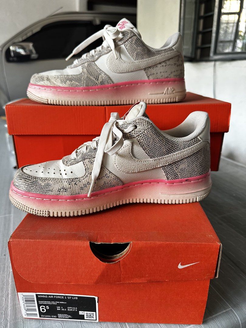 Nike Air Force 1 '07 LV8 Sneakers (Category: Sneakers) located in Cainta. Submitted by ashblake (Listing ID 1432582680, Image 3). Description: - Nike Air Force 1 '07 LV8 - White and snakeskin upper - Pink midsole accents - Size: 6.5 - Soles show wear - Includes original box.