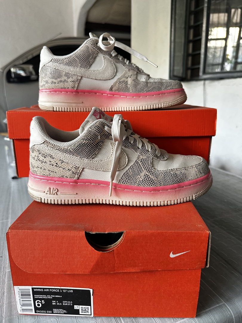 Nike Air Force 1 '07 LV8 Sneakers (Category: Sneakers) located in Cainta. Submitted by ashblake (Listing ID 1432582680, Image 2). Description: - Nike Air Force 1 '07 LV8 - White and snakeskin upper - Pink midsole accents - Size: 6.5 - Soles show wear - Includes original box.