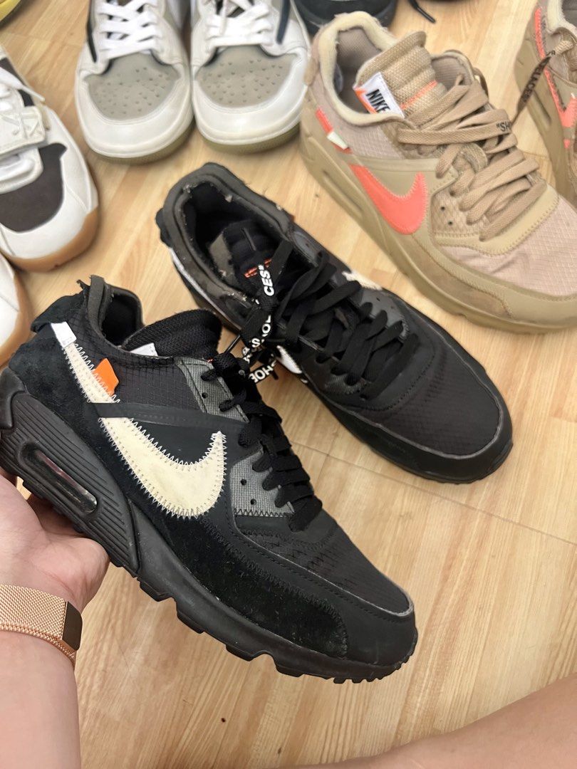 Nike Air Max 90 Off-White Black (Category: Sneakers) located in Cebu City. Submitted by maria.makiling (Listing ID 1432444711, Image 1). Description: Nike Air Max 90 Off-White sneakers Original Personally owned US Size 8 -No box/lace, pair only hence the low price No low-balling pls. Flaw: Light yellowing swoosh logo condition 8/10.
