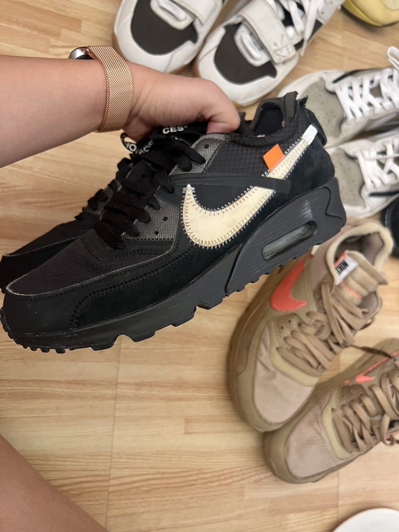 Nike Air Max 90 Off-White Black (Category: Sneakers) located in Cebu City. Submitted by maria.makiling (Listing ID 1432444711, Image 2). Description: Nike Air Max 90 Off-White sneakers Original Personally owned US Size 8 -No box/lace, pair only hence the low price No low-balling pls. Flaw: Light yellowing swoosh logo condition 8/10.