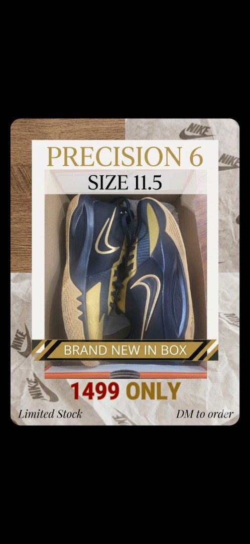 Nike Precision 6 - Size 11.5 (Category: Sneakers) located in San Fernando. Submitted by jaywill8 (Listing ID 1432474287, Image 1). Description: - Nike Precision 6 - Size: 11.5 - Color: Black and Gold - Includes original box - Limited stock available - DM to order.