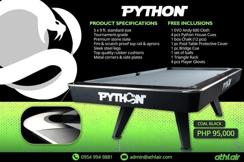 Phyton Billiard Table 5x9ft (Category: Billiards and Bowling) located in Quezon City. Submitted by thrift.store888 (Listing ID 1432447904, Image 2). Description: tournament grade tables • Color: Coal Black (more colors to come) • Size: 5x9ft • Pocket Sizes: 4.25 corners; 4.5 sides (adjustable) PRODUCT SPECIFICATIONS • Premium Stone Slate • Fire & scratch proof top rails & apron finish • Sleek steel legs • Top quality rubber cushions • Metal corne