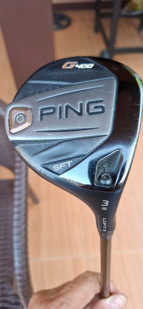 Ping G400 SFT Fairway Woods Set (Category: Golf) located in Pasig City. Submitted by charlespatricklee (Listing ID 1432482372, Image 2). Description: - Ping G400 SFT Fairway Woods Set - Includes 3, 5, and 7 clubs - Features Alta J CB (counter balanced) SR Flex shafts - Comes with aftermarket head covers - Club heads: Black with silver and bronze accents - Shafts: Bronze color - Grips: Black, fair condition Clubs in good condition (8 to 9/10). Wil