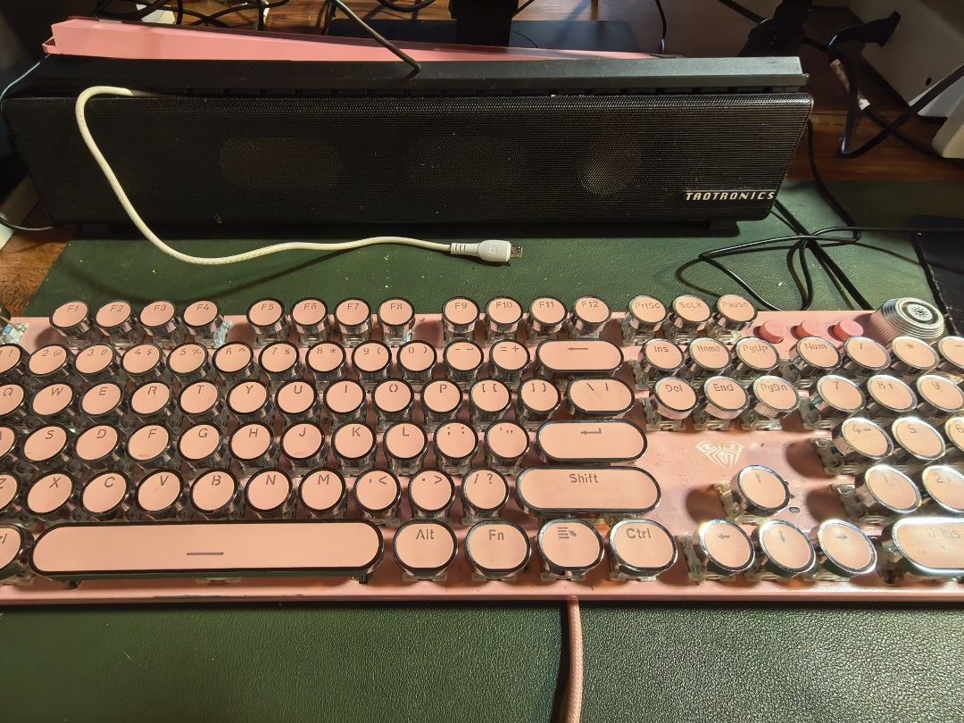 Pink Mechanical Keyboard (Category: Computer Keyboard) located in Manila. Submitted by decutteringbyjel (Listing ID 1432573615, Image 1). Description: Works well. RFS, decluttering. Missing stopper/anti slip lang sa back ng keyboard (but you can buy that naman online , mura lang). .