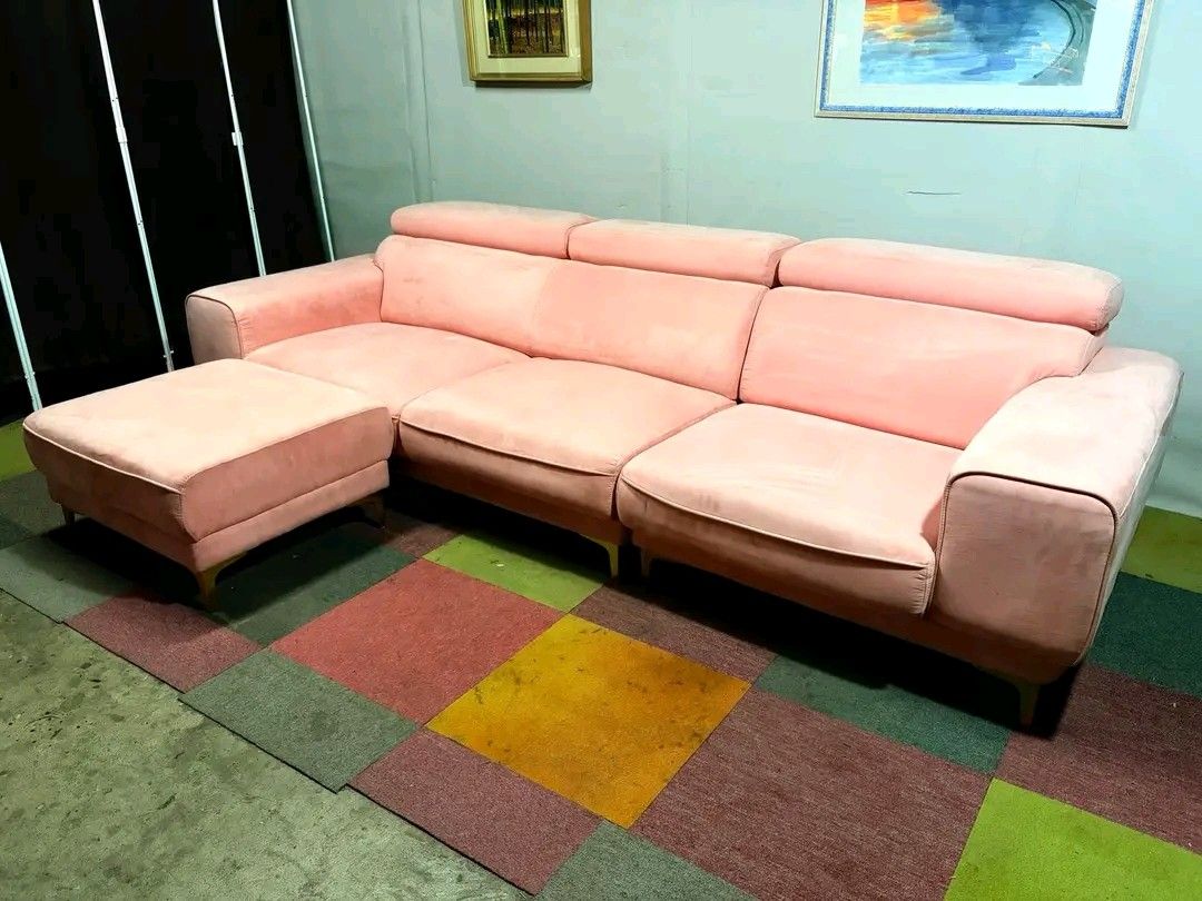 Pink Sofa with Ottoman (Category: Sofas) located in Valenzuela. Submitted by princeraya55649 (Listing ID 1432497570, Image 3). Description: Modern PINK😍 Velvety Sectional L-type Sofa ALMOST BRANDNEW!!! RECLINING HEADREST!!! ANLAKI!!! ANGGANDA!!! SUPER COMFY!!! SUPER SOFT VELVETY FABRIC!!! FLAWLESS!!! NO ISSUES!!! NO ISSUES!!! Price : 30k ✅ *VIDEO ON COMMENT (Actual Color : See Video Comment) 111L x 70W x 17H seat height inches Sandalan height up