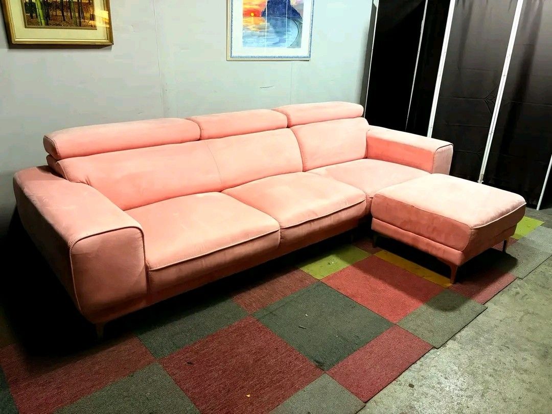Pink Sofa with Ottoman (Category: Sofas) located in Valenzuela. Submitted by princeraya55649 (Listing ID 1432497570, Image 2). Description: Modern PINK😍 Velvety Sectional L-type Sofa ALMOST BRANDNEW!!! RECLINING HEADREST!!! ANLAKI!!! ANGGANDA!!! SUPER COMFY!!! SUPER SOFT VELVETY FABRIC!!! FLAWLESS!!! NO ISSUES!!! NO ISSUES!!! Price : 30k ✅ *VIDEO ON COMMENT (Actual Color : See Video Comment) 111L x 70W x 17H seat height inches Sandalan height up