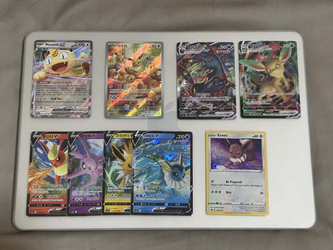 Pokemon Trading Cards (Category: Raw Singles) located in Mandaluyong City. Submitted by matthewcajudo (Listing ID 1432472069, Image 1). Description: Pic 1 Meowth ex - SOLD Eevee Crimson Haze (KR) - SOLD Umbreon VMAX (KR) - SOLD Leafeon VMAX (KR) - 150 Flareon V (KR) - SOLD Jolteon V (KR) - SOLD Espeon V (KR) - SOLD Vaporeon V (KR) - SOLD Eevee SWSH127 - SOLD Pic 2 Eevee SWSH095 - SOLD Sylveon ex (PRE) - SOLD Terapagos ex (PRE) - SOLD Giacomo - 60
