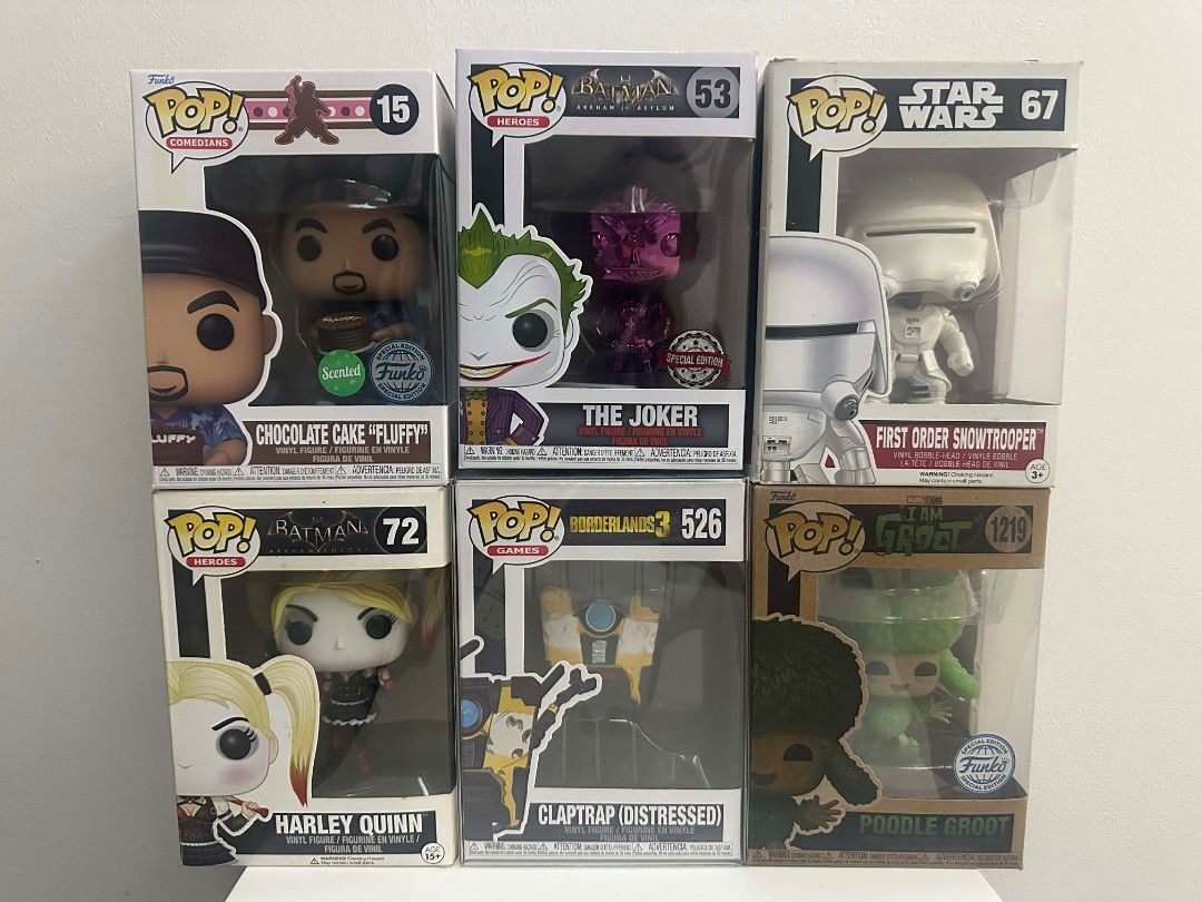 [READ PRICELIST FIRST] Assorted Funko POP! BATCH 2 (Category: Designer & Blind Box Toys) located in Taguig. Submitted by mspink18 (Listing ID 1432557221, Image 1). Description: UNOPENED Star Wars First Order Stormtrooper - P400 [SEE LAST PHOTO FOR BOX FLAW] Batman Arkham Knight Harley Quinn - P400 Batman Arkham Asylum The Joker - P500 Borderlands 3 Claptrap (Distressed) - P500 I am Groot Poodle Groot - P500 Chocolate Cake "Fluffy" - P1,200 PAYMEN