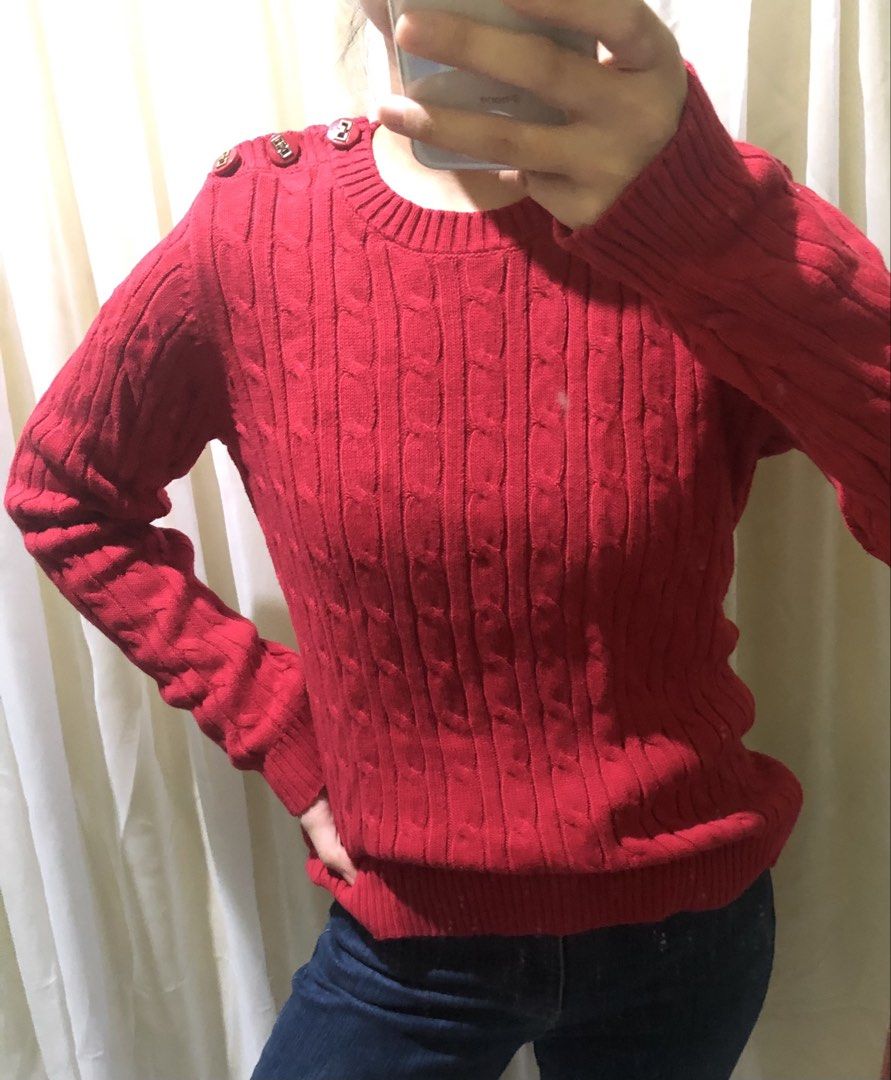 Red Cable Knit Sweater with Shoulder Buttons take all 500 (Category: Longsleeves) located in Muntinlupa City. Submitted by _x_preloved (Listing ID 1432435655, Image 1). Description: .