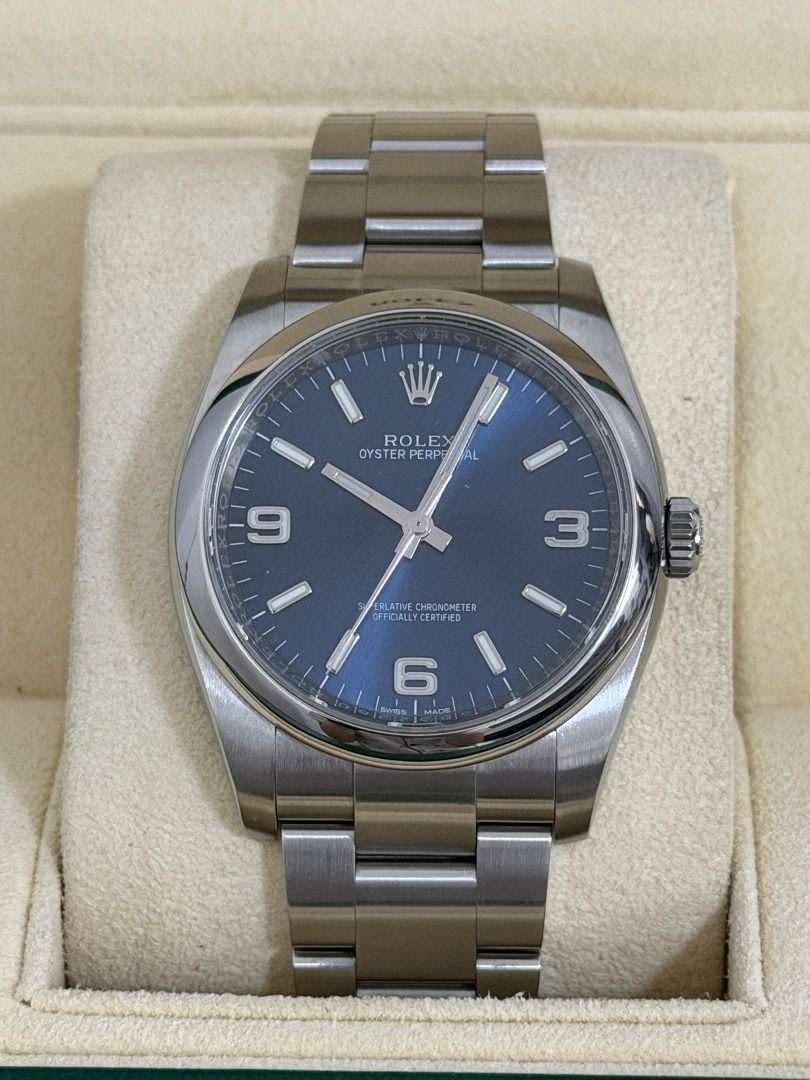 Rolex Oyster Perpetual 34 Blue Dial (Category: Luxury Watches) located in Quezon City. Submitted by rhyswatchmnl (Listing ID 1432490735, Image 1). Description: Rolex Oyster Perpetual watch Features a vibrant blue dial Stainless steel case and bracelet Classic Rolex design 34mm 114200 Year 2016 Full Set Condition 9.8/10 San Juan City/New Manila QC.