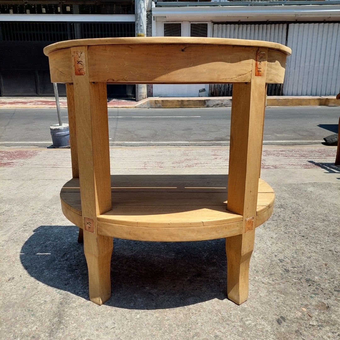 Rustic Half-moon Console Table (Category: Tables & Sets) located in Makati City. Submitted by tahanan (Listing ID 1432418712, Image 2). Description: For Sale.. A rustic wooden console table or a side table with semi-circular top and a lower storage shelf Made of Tanguile and Gmilina woods Height: 32.5 inches Width : 34.5 inches Depth : 23.5 inches.
