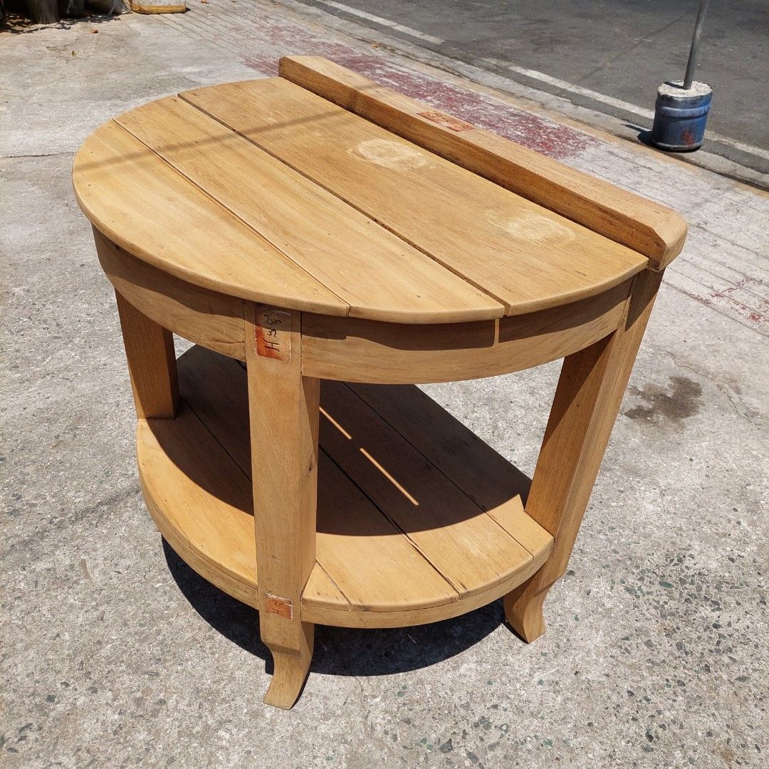 Rustic Half-moon Console Table (Category: Tables & Sets) located in Makati City. Submitted by tahanan (Listing ID 1432418712, Image 3). Description: For Sale.. A rustic wooden console table or a side table with semi-circular top and a lower storage shelf Made of Tanguile and Gmilina woods Height: 32.5 inches Width : 34.5 inches Depth : 23.5 inches.