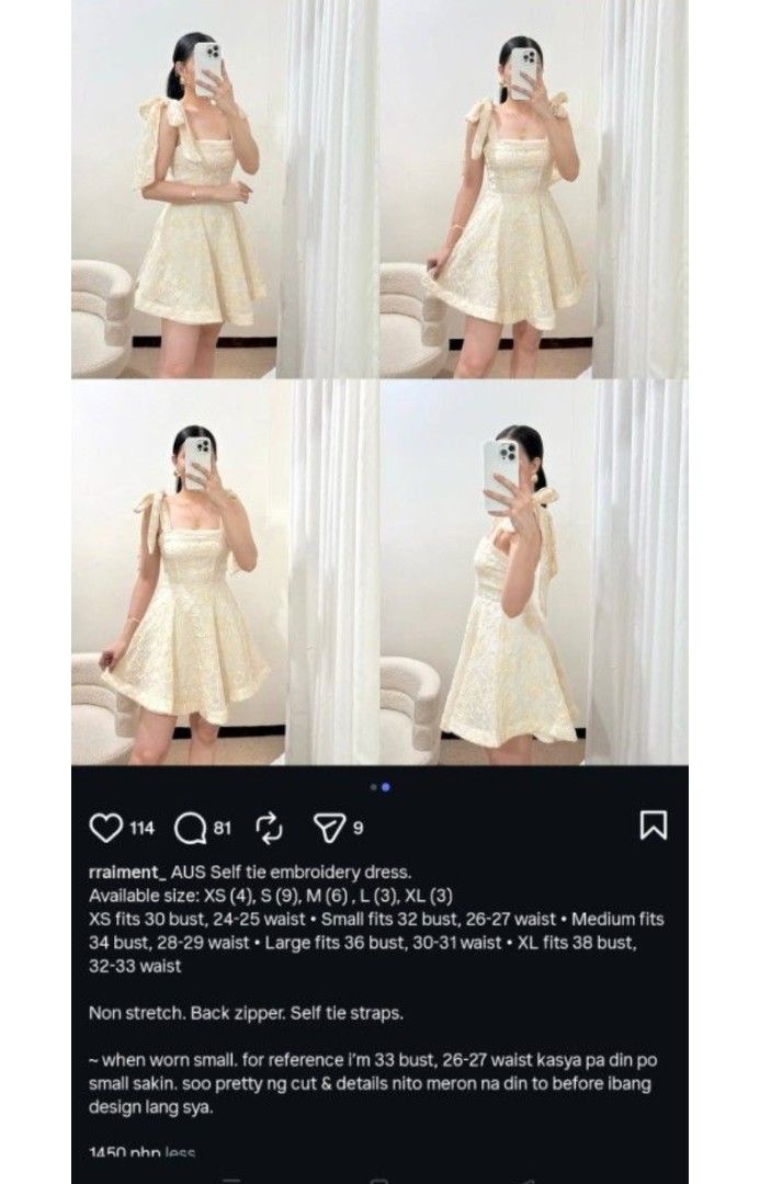 Self Tie Embroidery Dress (Category: Dresses) located in Quezon City. Submitted by declutterwithmeeeeeeeeeee (Listing ID 1432445683, Image 3). Description: Medium fits 34 bust, 28-29 waist helping tags: zara, mango, uniqlo, cotton-on RFS: Never been used. BNWT. Bought from rrainment IG shop for 1450. Maluwag sakin huhu.