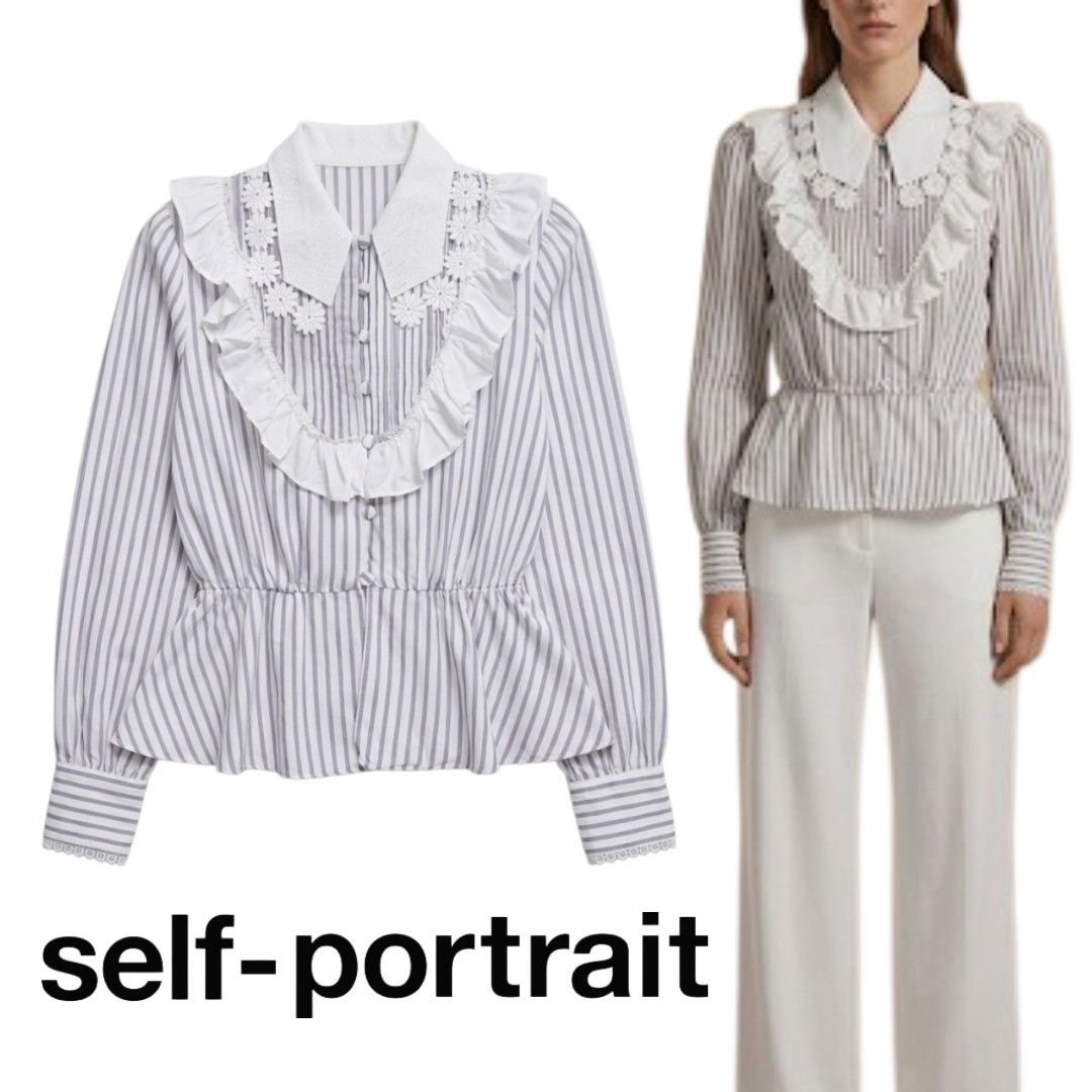 Self-Portrait|Frilled Daisy-edged collar Button -Down Striped Long-Sleeve (Category: Luxury Apparel) located in Tarlac. Submitted by literallyhandpicked (Listing ID 1432523686, Image 1). Description: •Literally Handpicked for you❤️ •Direct Message if Interested 💌 •Please feel free to make an offer🤝 •Size UK4 US0 on tag Actual measurement Bust size 32" Lenght 21" *Please note that there may be slight errors as measurements are taken with the ite