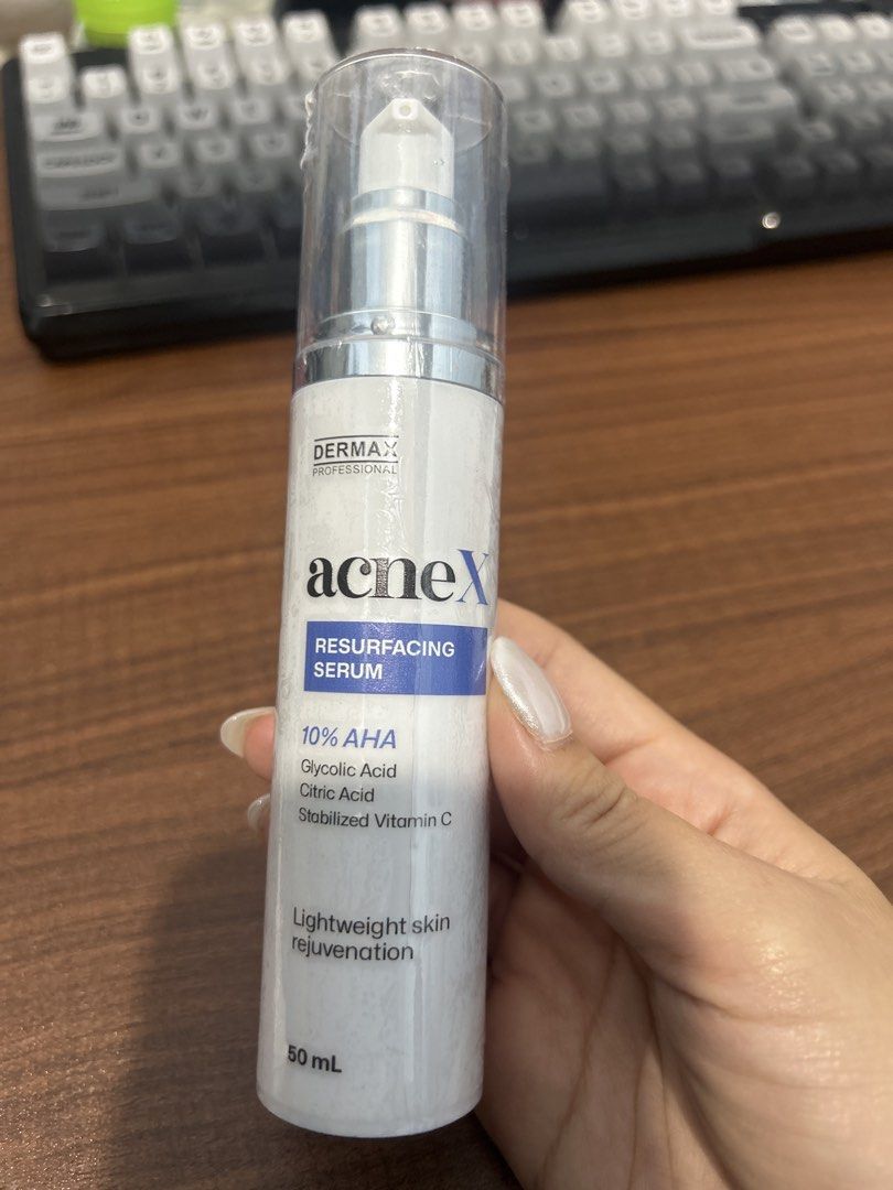 Skinstation - Dermax AcneX Resurfacing Serum (Category: Face Care) located in Manila. Submitted by zzzzz_______ (Listing ID 1432566678, Image 1). Description: - Sealed container - Bought in SkinStation SM north - Dermax AcneX Resurfacing Serum - Contains 10% AHA - Includes Glycolic Acid, Citric Acid, and Stabilized Vitamin C - Lightweight formula for skin rejuvenation - 50 ml bottle - Best Before: 01.23.27.