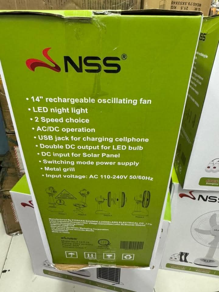 solar fan (Category: Fans) located in Makati City. Submitted by vsharon362 (Listing ID 1432397028, Image 3). Description: 🌟php：1599 14 Inch NSS NS- F96 Solar electric fan with charger and 2 bulbs direct 220v and solar panel charging fan🔥🔥🔥 🌟14 inch Rechargable Solar Electric Fan Uses: Solar or electric fan, charger for phone and 2 light bulbs 🌟Good Quality ▪️Size：410*390*170mm ▪️Input voltage：AC 110-240 V 50/60HZ *9V 5W Solar Panel *2Pcs 3W