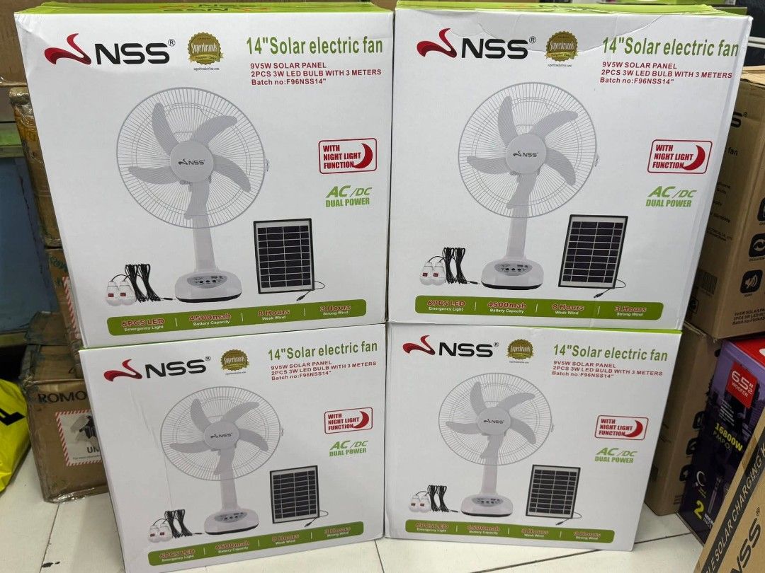 solar fan (Category: Fans) located in Makati City. Submitted by vsharon362 (Listing ID 1432397028, Image 1). Description: 🌟php：1599 14 Inch NSS NS- F96 Solar electric fan with charger and 2 bulbs direct 220v and solar panel charging fan🔥🔥🔥 🌟14 inch Rechargable Solar Electric Fan Uses: Solar or electric fan, charger for phone and 2 light bulbs 🌟Good Quality ▪️Size：410*390*170mm ▪️Input voltage：AC 110-240 V 50/60HZ *9V 5W Solar Panel *2Pcs 3W