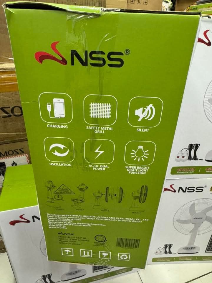 solar fan (Category: Fans) located in Makati City. Submitted by vsharon362 (Listing ID 1432397028, Image 2). Description: 🌟php：1599 14 Inch NSS NS- F96 Solar electric fan with charger and 2 bulbs direct 220v and solar panel charging fan🔥🔥🔥 🌟14 inch Rechargable Solar Electric Fan Uses: Solar or electric fan, charger for phone and 2 light bulbs 🌟Good Quality ▪️Size：410*390*170mm ▪️Input voltage：AC 110-240 V 50/60HZ *9V 5W Solar Panel *2Pcs 3W