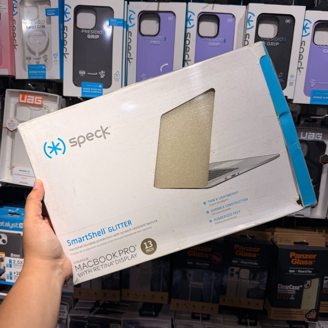 SPECK SMART SHELL GLITTER FOR MACBOOK 13 INCH RETINA DISPLAY 2015 (Category: Laptop Bags & Sleeves) located in Las Pinas. Submitted by nalisfindsph (Listing ID 1432512931, Image 1). Description: ✨ FOR SALE: Speck SmartShell Glitter Case ✨ 💻 **Compatible with:** MacBook Pro 13-inch (2015) Add sparkle while protecting your laptop with this stylish **Speck SmartShell Glitter case**. ✅ Slim and lightweight design ✅ Hard shell protection against scra