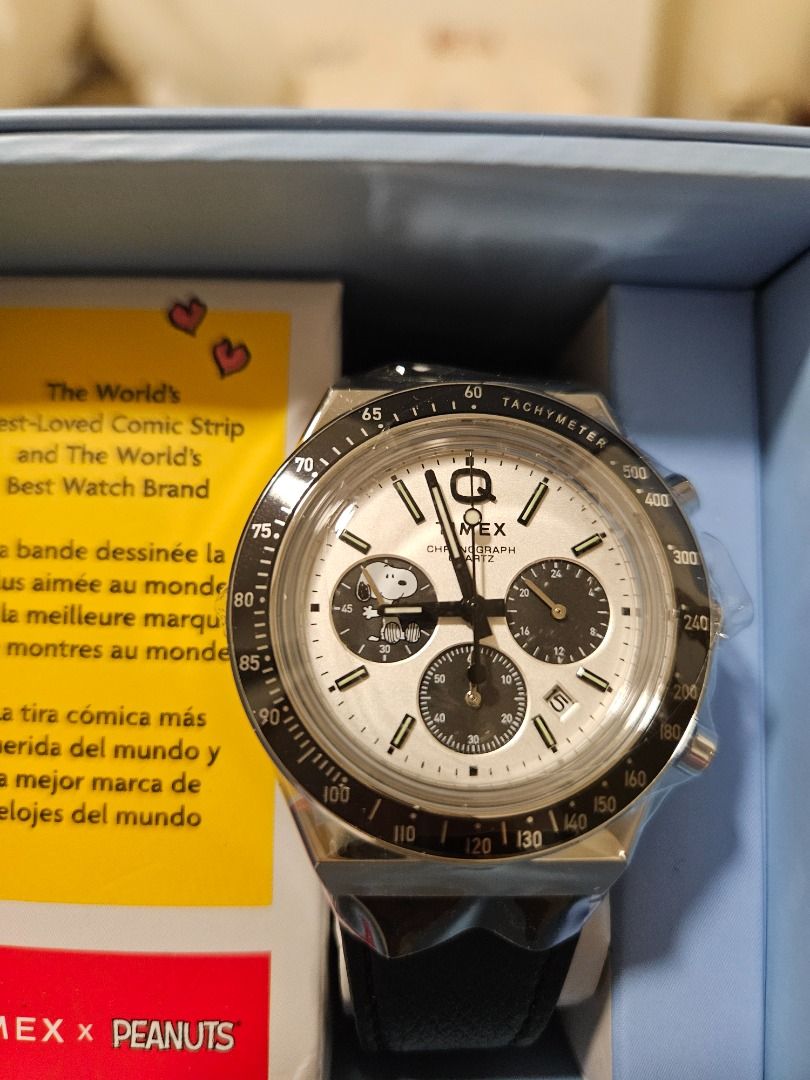 Timex x Peanuts Chronograph Watch (Category: Men's Watches) located in Makati City. Submitted by jyusingco (Listing ID 1432596577, Image 2). Description: Now finally restocked!!! Rare Find: The Timex x Peanuts Q Chronograph 🐾 The ultimate "Panda" dial with a Peanuts twist. This piece is a certified ghost—always sold out. Condition: Brand New / Full Set The Vibe: Vintage 70s racing aesthetic meets the world's most iconic beagle. Price: ₱19,999 - 