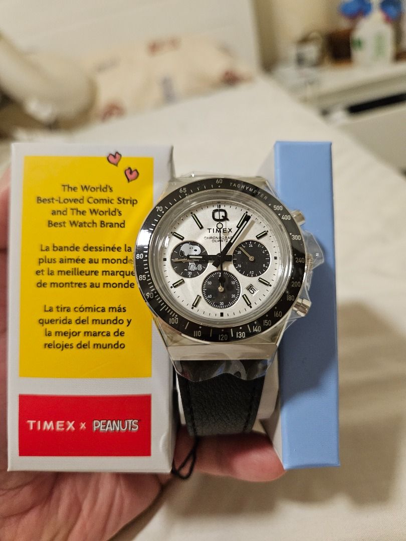 Timex x Peanuts Chronograph Watch (Category: Men's Watches) located in Makati City. Submitted by jyusingco (Listing ID 1432596577, Image 1). Description: Now finally restocked!!! Rare Find: The Timex x Peanuts Q Chronograph 🐾 The ultimate "Panda" dial with a Peanuts twist. This piece is a certified ghost—always sold out. Condition: Brand New / Full Set The Vibe: Vintage 70s racing aesthetic meets the world's most iconic beagle. Price: ₱19,999 - 