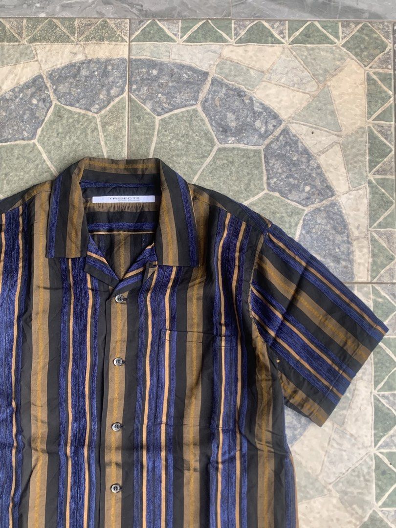 Trisect2 x Journal Standard Camp Collar Short Sleeve (Category: Formal Shirts) located in Daraga. Submitted by palm.garments (Listing ID 1432500190, Image 2). Description: - size medium - navy, mustard, black vertical stripes - 88% rayon / 12% acrylic - open camp collar, chest pocket - japanese craftsmanship .