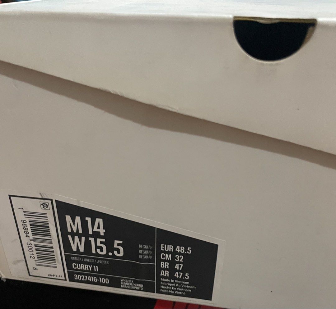 Under Armour Curry 11 Black White Sneakers (Category: Sneakers) located in Caloocan City. Submitted by jetcon (Listing ID 1432558637, Image 2). Description: - Under Armour Curry 11 sneakers - Color: Black and White - Size: M14/W15.5 (EUR 48.5, BR 47) - Midsole: Mint Green - Includes original box - Box condition: Shows some wear and tear.