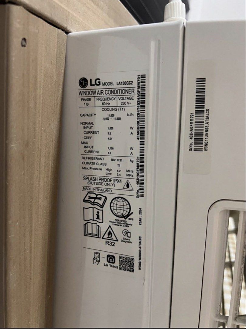 Used LG Window Air Conditioner LA130GC2 (Category: Air Conditioning and Heating) located in Quezon City. Submitted by sell4less123 (Listing ID 1432479844, Image 2). Description: - LG Window Air Conditioner (Model: LA130GC2) - Cooling Capacity: 11,800 BTU/h - Voltage: 230V, Frequency: 60 Hz - Made in Thailand - Features: Digital display and control panel - Splash-proof design with IPX4 rating - Refrigerant: R32 - Year: 2024 Rfs: may existing ac na