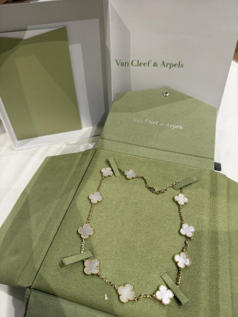 Van Cleef & Arpels Alhambra Necklace (Category: Necklaces) located in Tagum. Submitted by preloved_by_samantha (Listing ID 1432506534, Image 2). Description: - HK setting mirror copy 18k gold Van Cleef & Arpels Alhambra necklace - Features a gold chain - Adorned with iconic clover-shaped motifs - Comes with the original box - Perfect for adding a touch of elegance - Mother of Pearl, 15mm, 10 motif necklace.
